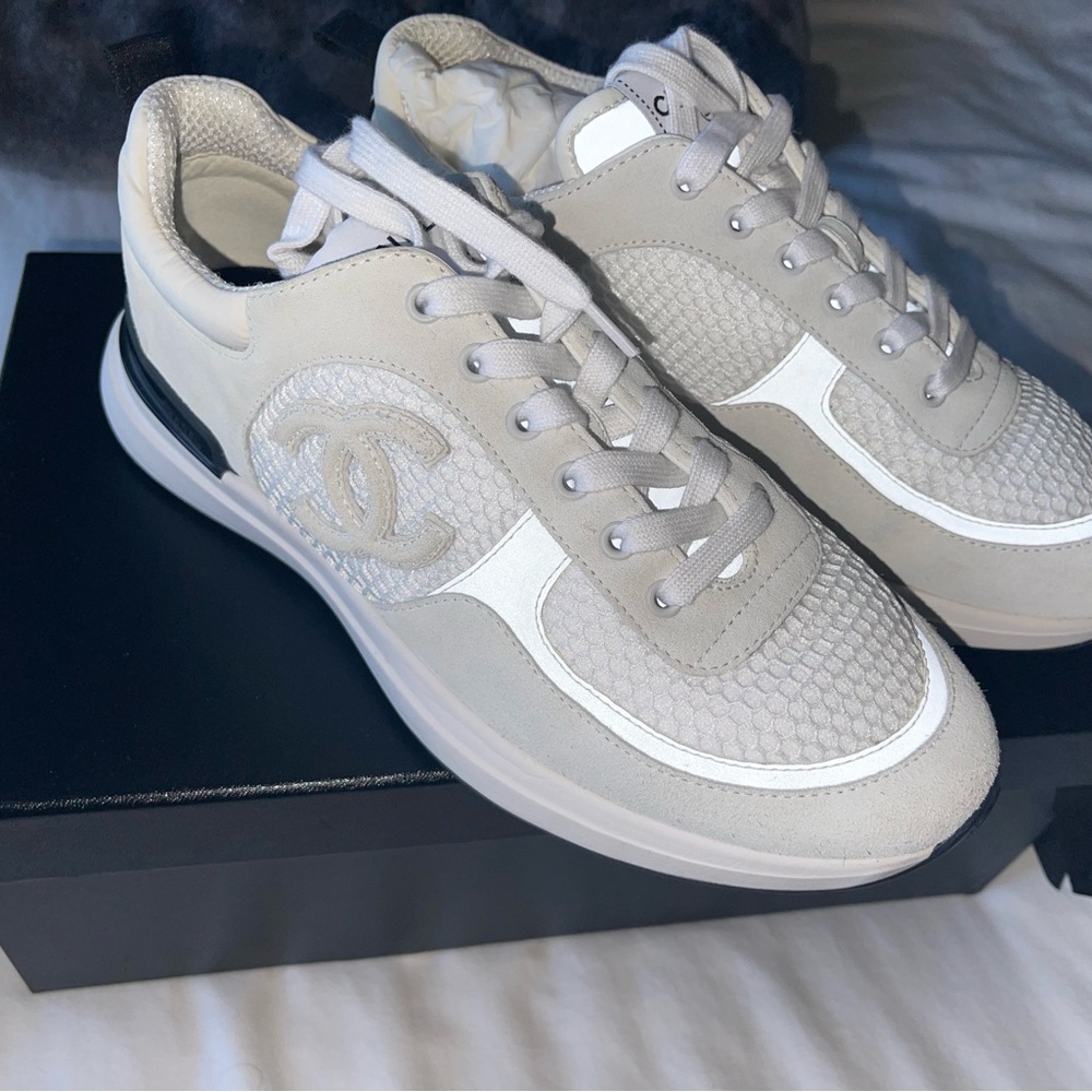 Chanel white mesh suede sneakers